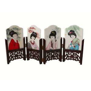 Vintage Mini Folding Screen 2 Sided Panels Handpainted Chinese Marble Art Geisha